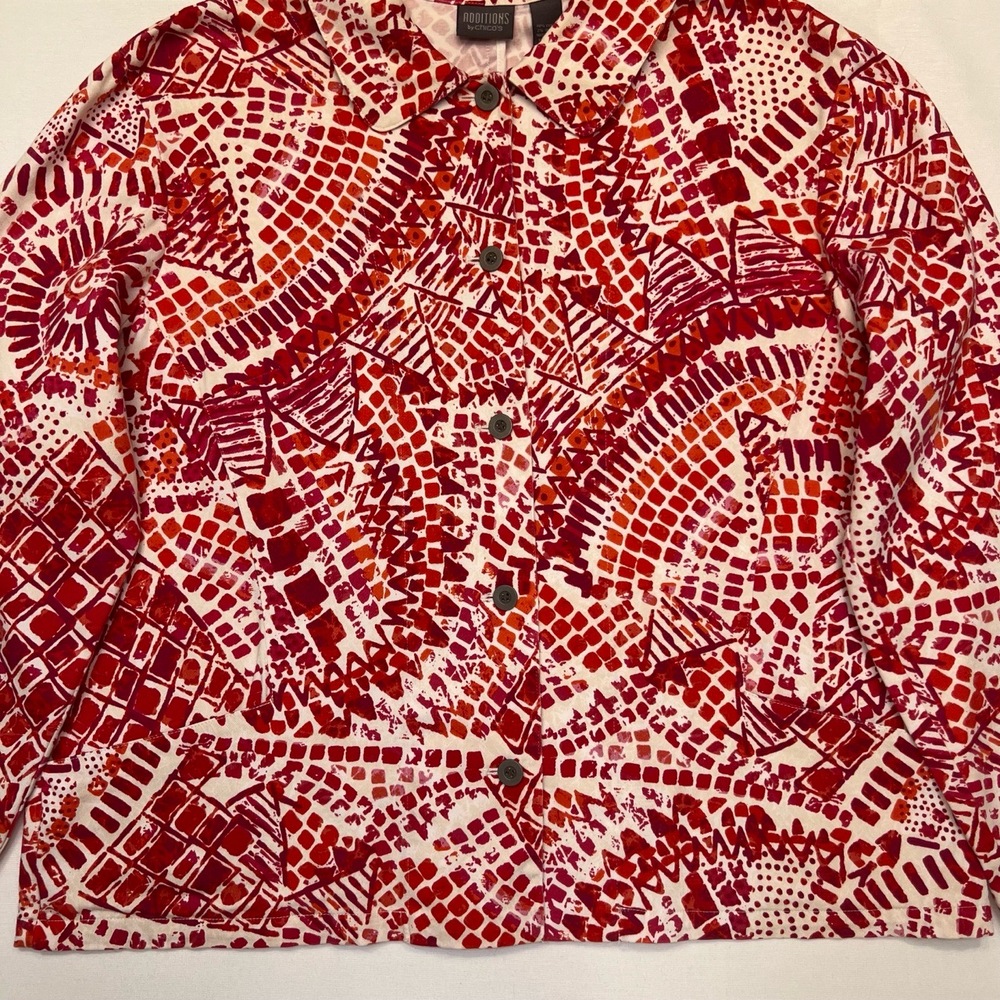 Chico’s Patterned Red And White Print Button Fron… - image 4